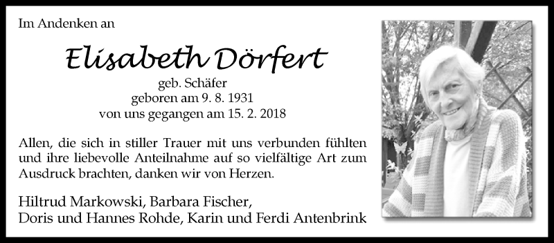  Traueranzeige für Elisabeth Dörfert vom 10.03.2018 aus Westfalen-Blatt