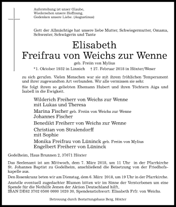 Traueranzeige von Elisabeth Freifrau von Weichs zur Wenne von Westfalen-Blatt