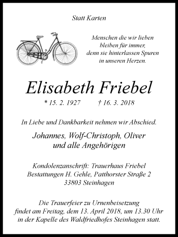 Traueranzeige von Elisabeth Friebel von Westfalen-Blatt