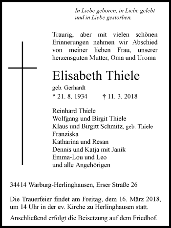 Traueranzeige von Elisabeth Thiele von Westfalen-Blatt