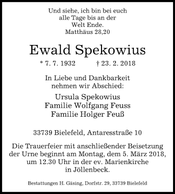 Traueranzeige von Ewald Spekowius von Westfalen-Blatt