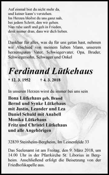 Traueranzeige von Ferdinand Lütkehaus von Westfalen-Blatt
