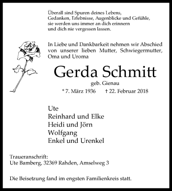 Traueranzeige von Gerda Schmitt von Westfalen-Blatt