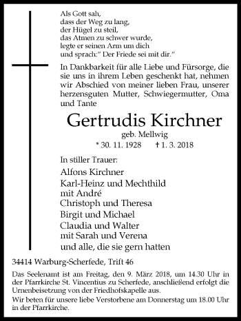 Traueranzeige von Gertrudis Kirchner von Westfalen-Blatt