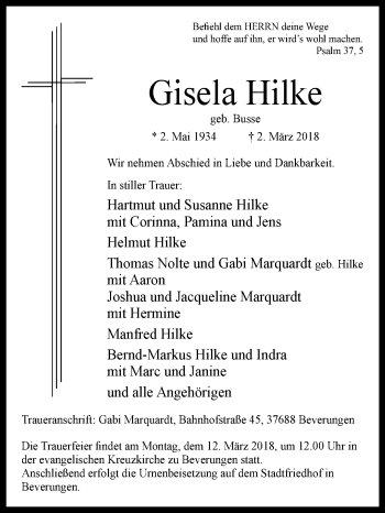 Traueranzeige von Gisela Hilke von Westfalen-Blatt