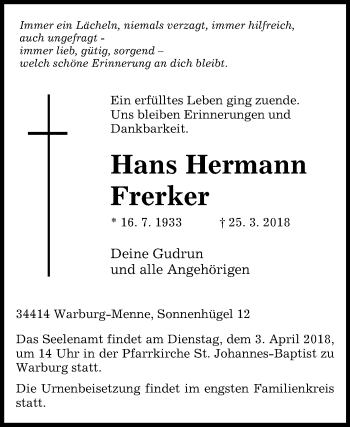 Traueranzeige von Hans Hermann Frerker von Westfalen-Blatt
