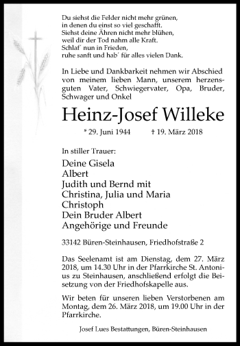 Traueranzeige von Heinz-Josef Willeke von Westfalen-Blatt