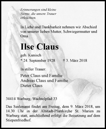 Traueranzeige von Ilse Claus von Westfalen-Blatt