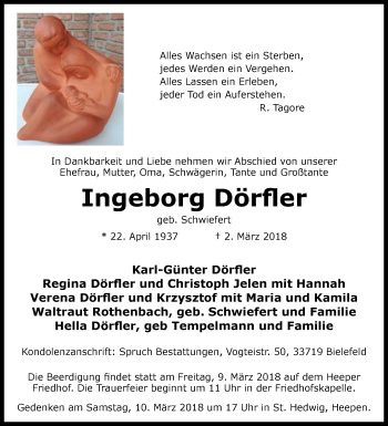 Traueranzeige von Ingeborg Dörfler von Westfalen-Blatt
