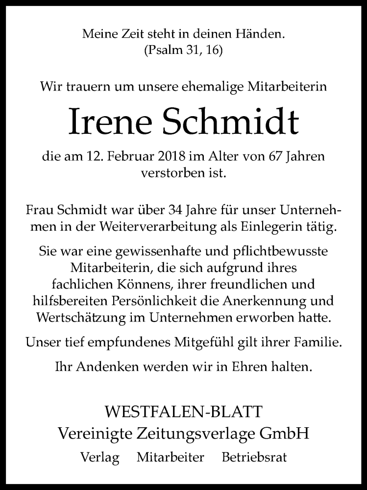  Traueranzeige für Irene Schmidt vom 03.03.2018 aus Westfalen-Blatt