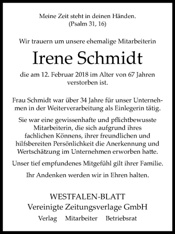 Traueranzeige von Irene Schmidt von Westfalen-Blatt
