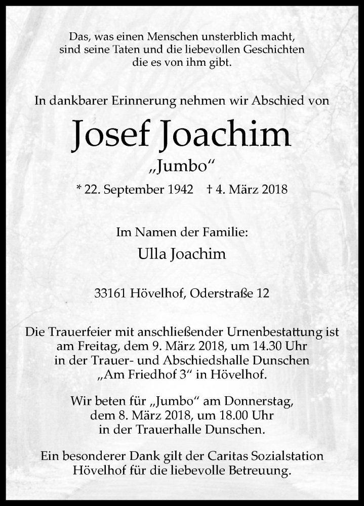  Traueranzeige für Josef Joachim vom 06.03.2018 aus Westfalen-Blatt