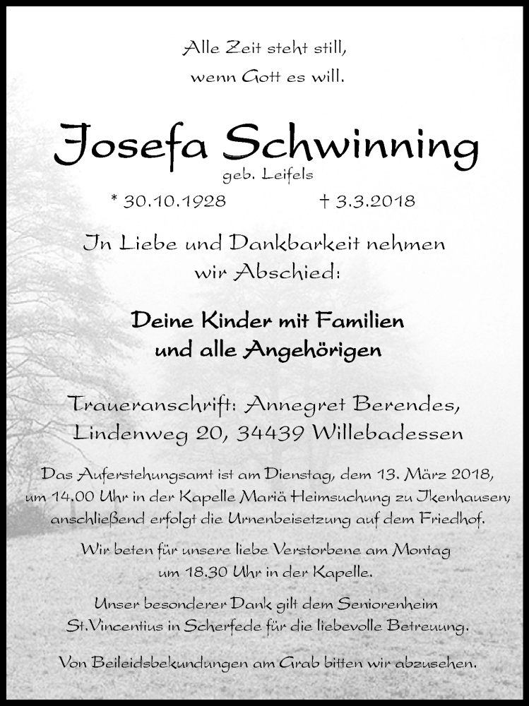  Traueranzeige für Josefa Schwinning vom 09.03.2018 aus Westfalen-Blatt