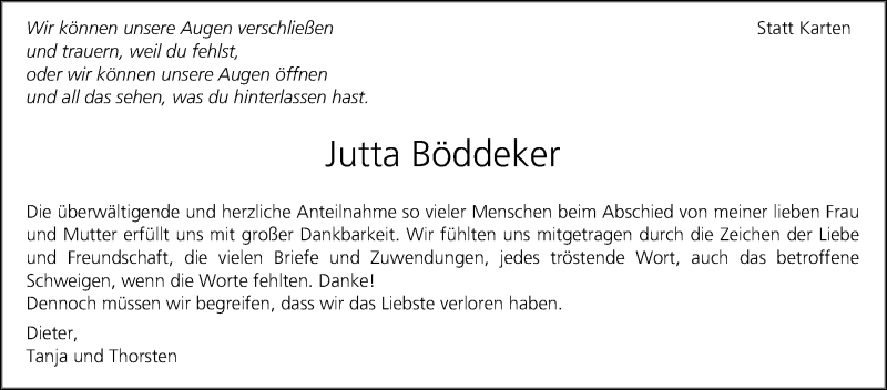  Traueranzeige für Jutta Böddeker vom 03.03.2018 aus Westfalen-Blatt