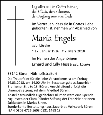 Traueranzeige von Maria Engels von Westfalen-Blatt