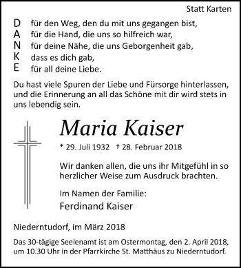 Traueranzeige von Maria Kaiser von Westfalen-Blatt