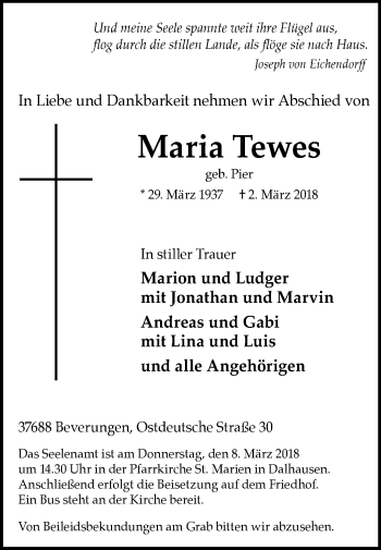 Traueranzeige von Maria Tewes von Westfalen-Blatt