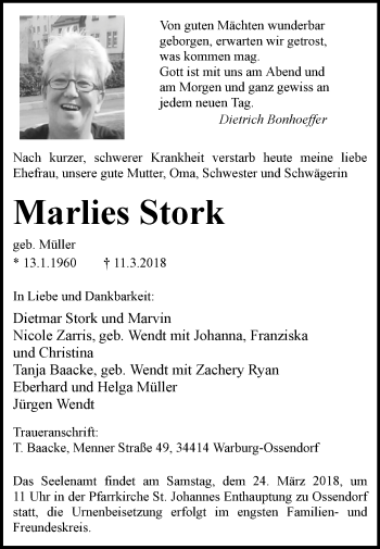 Traueranzeige von Marlies Stork von Westfalen-Blatt