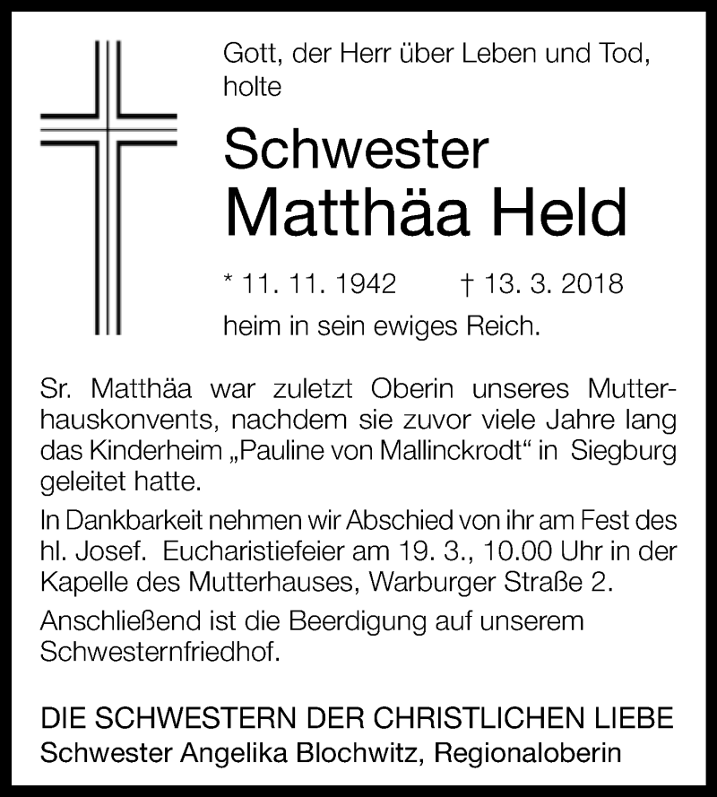  Traueranzeige für Matthäa Held vom 15.03.2018 aus Westfalen-Blatt