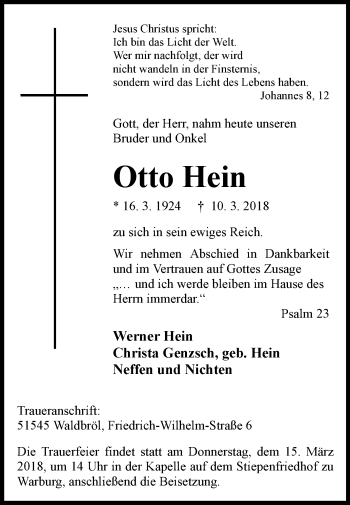 Traueranzeige von Otto Hein von Westfalen-Blatt