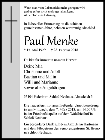 Traueranzeige von Paul Menke von Westfalen-Blatt