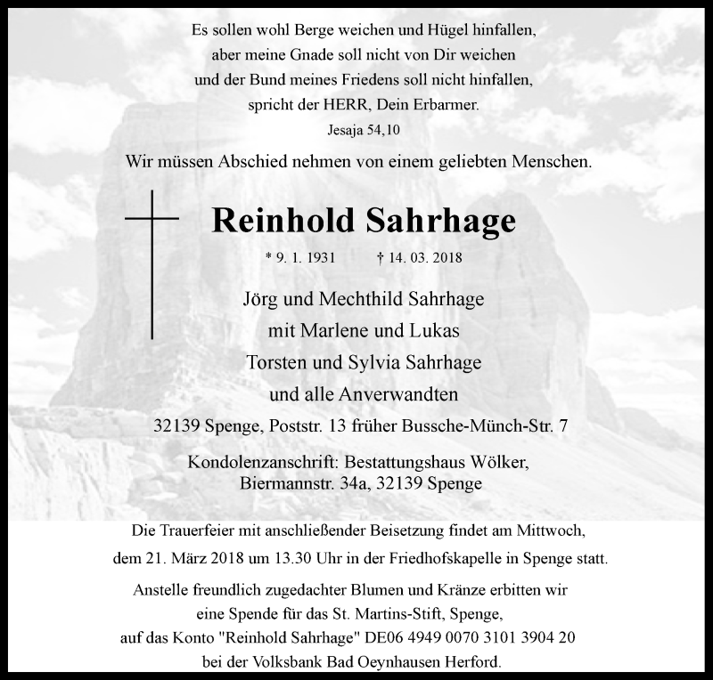  Traueranzeige für Reinhold Sahrhage vom 17.03.2018 aus Westfalen-Blatt