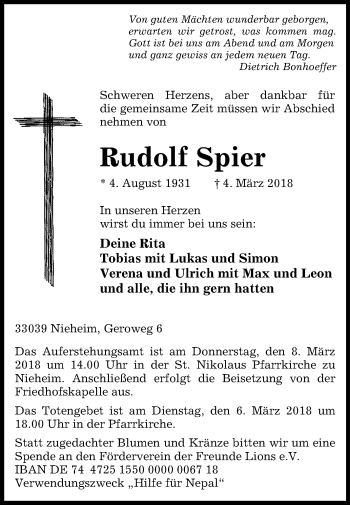 Traueranzeige von Rudolf Spier von Westfalen-Blatt