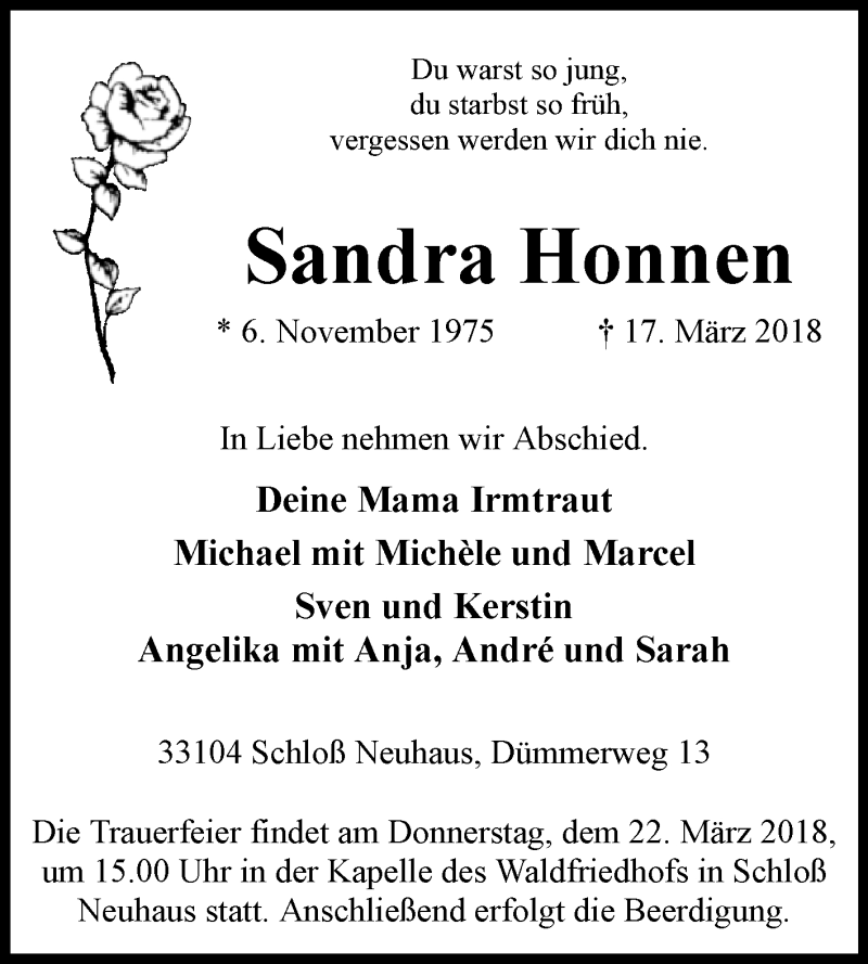  Traueranzeige für Sandra Honnen vom 20.03.2018 aus Westfalen-Blatt