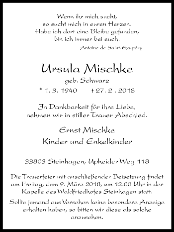 Traueranzeige von Ursula Mischke von Westfalen-Blatt