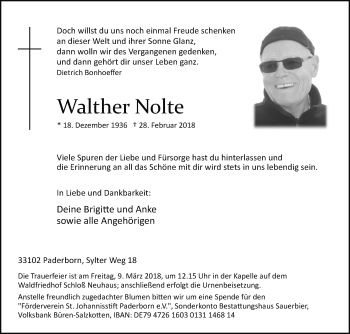 Traueranzeige von Walther Nolte von Westfalen-Blatt