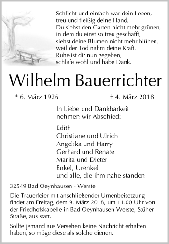 Traueranzeige von Wilhelm Bauerrichter von Westfalen-Blatt