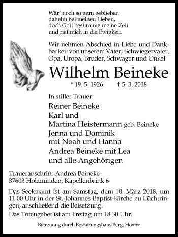 Traueranzeige von Wilhelm Beineke von Westfalen-Blatt