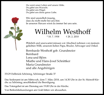 Traueranzeige von Wilhelm Westhoff von Westfalen-Blatt
