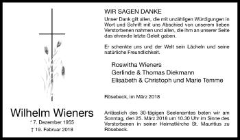 Traueranzeige von Wilhelm Wieners von Westfalen-Blatt