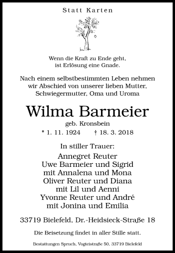 Traueranzeige von Wilma Barmeier von Westfalen-Blatt