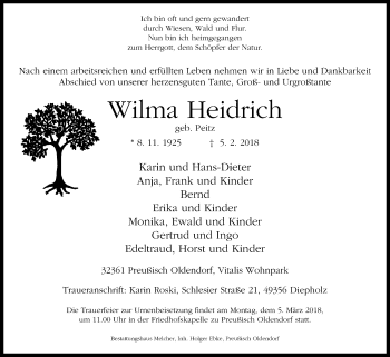 Traueranzeige von Wilma Heidrich von Westfalen-Blatt