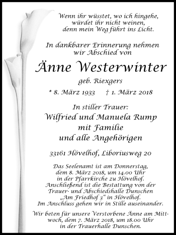 Traueranzeige von Änne Westerwinter von Westfalen-Blatt