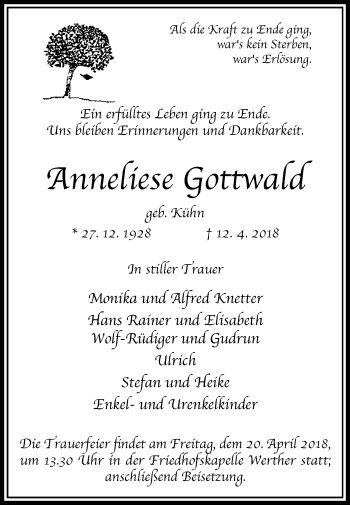 Traueranzeige von Anneriese Gottwald von Westfalen-Blatt