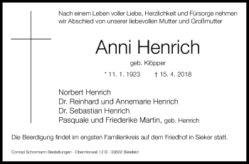 Traueranzeige von Anni Henrich von Westfalen-Blatt