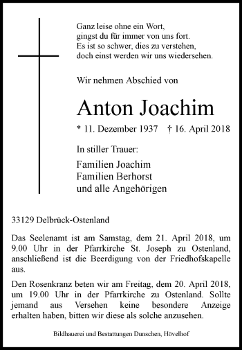 Traueranzeige von Anton Joachim von Westfalen-Blatt