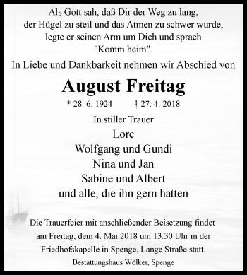 Traueranzeige von August Freitag von Westfalen-Blatt