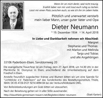 Traueranzeige von Dieter Neumann von Westfalen-Blatt