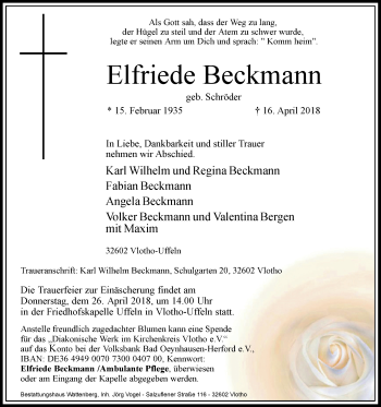 Traueranzeige von Elfriede Beckmann von Westfalen-Blatt