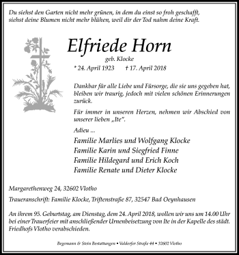 Traueranzeige von Elfriede Horn von Westfalen-Blatt