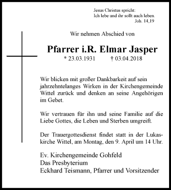 Traueranzeige von Elmar Jasper von Westfalen-Blatt
