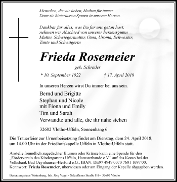 Traueranzeige von Frieda Rosemeier von Westfalen-Blatt