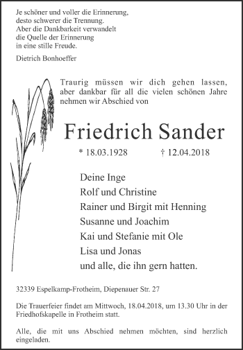 Traueranzeige von Friedrich Sander von Westfalen-Blatt