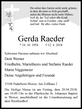 Traueranzeige von Gerda Raeder von Westfalen-Blatt