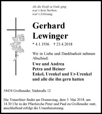Traueranzeige von Gerhard Lewinger von Westfalen-Blatt