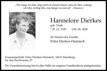 Traueranzeige von Hannelore Dierkes von Westfalen-Blatt